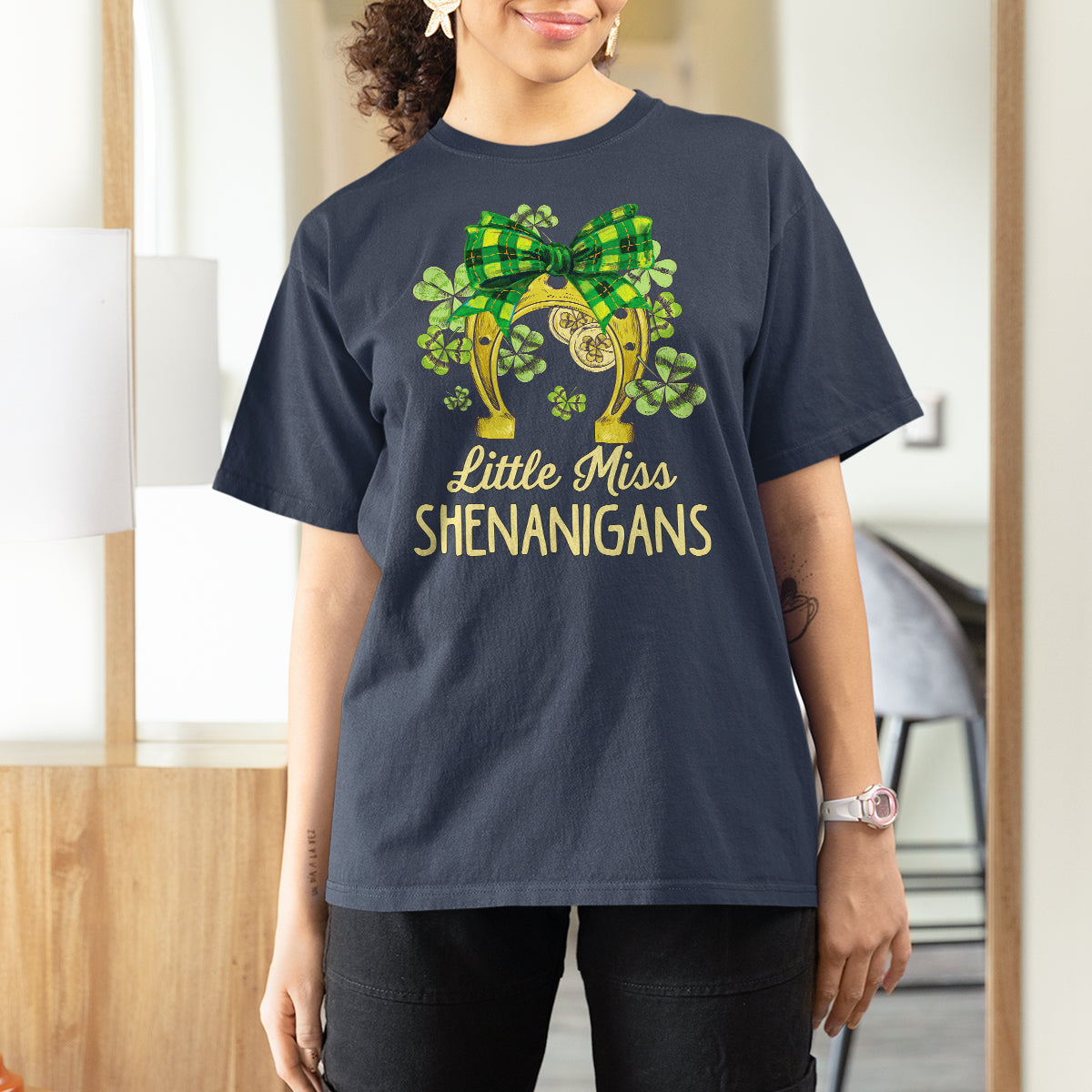 St. Patrick's Day T Shirt For Women Little Miss Shenanigans Coquette Shamrocks - Wonder Print Shop