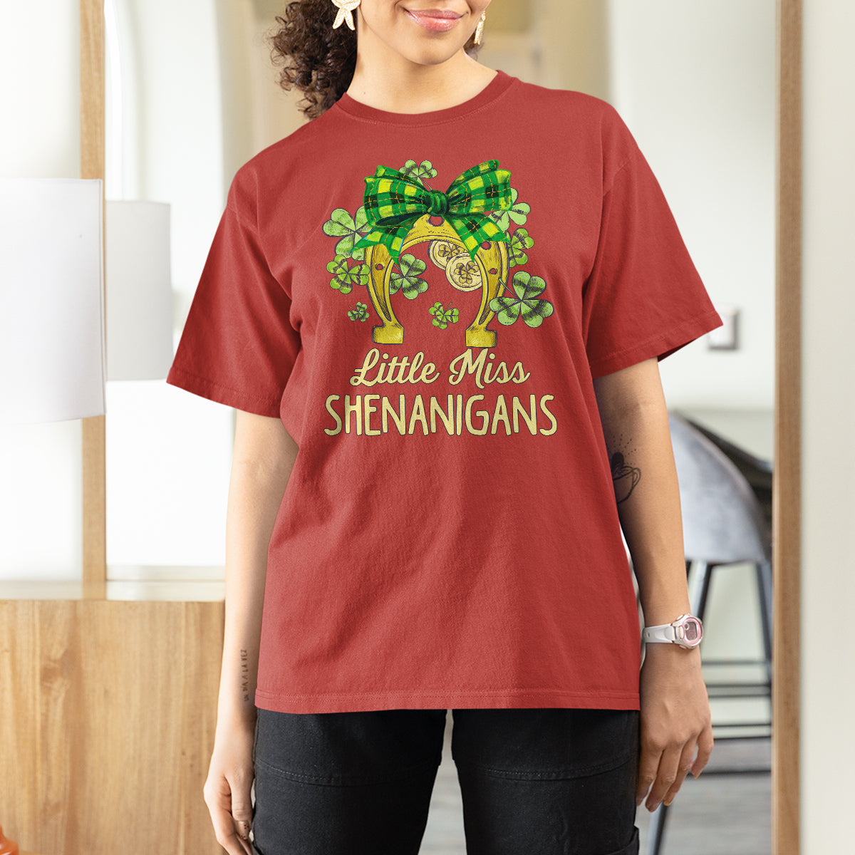 St. Patrick's Day T Shirt For Women Little Miss Shenanigans Coquette Shamrocks - Wonder Print Shop