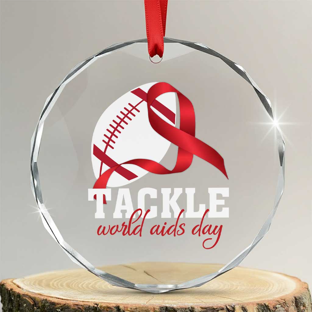 Tackle World AIDS Day Crystal Glass Ornament Red Ribbon Football Awareness Gift - Wonder Print Shop