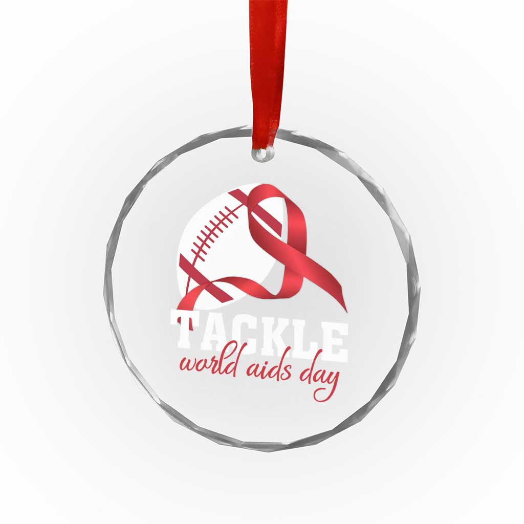 Tackle World AIDS Day Crystal Glass Ornament Red Ribbon Football Awareness Gift - Wonder Print Shop