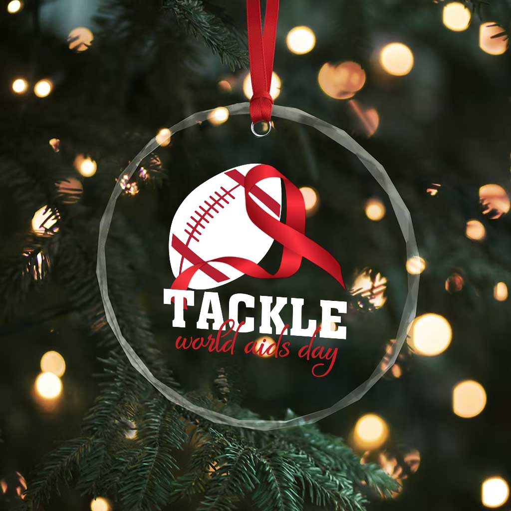 Tackle World AIDS Day Crystal Glass Ornament Red Ribbon Football Awareness Gift - Wonder Print Shop