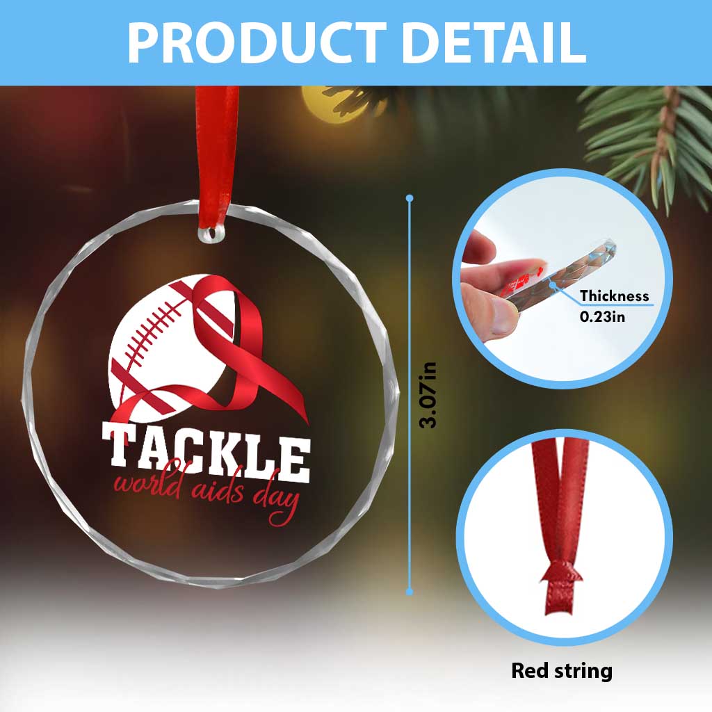 Tackle World AIDS Day Crystal Glass Ornament Red Ribbon Football Awareness Gift - Wonder Print Shop