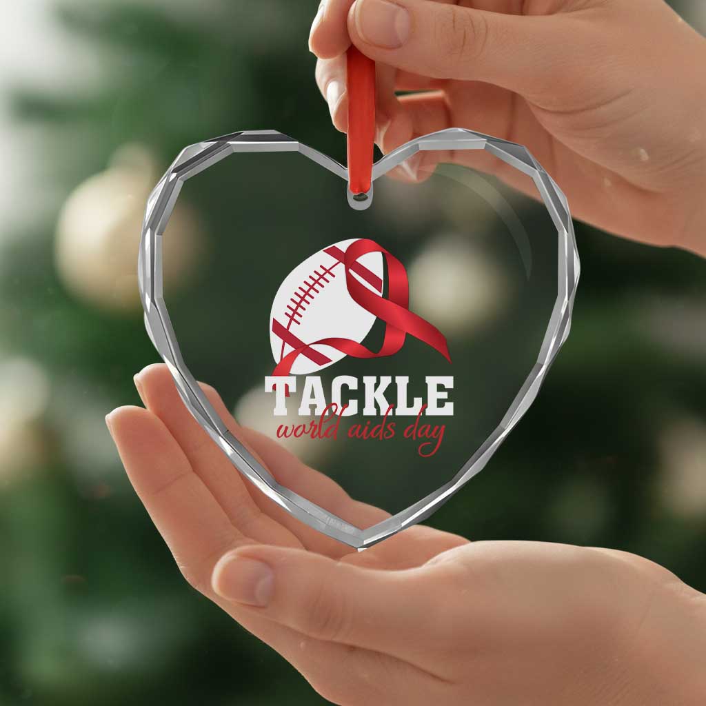 Tackle World AIDS Day Heart Crystal Glass Ornament Red Ribbon Football Awareness Gift - Wonder Print Shop