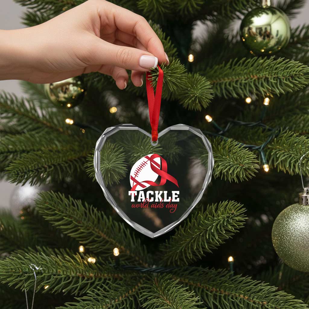 Tackle World AIDS Day Heart Crystal Glass Ornament Red Ribbon Football Awareness Gift - Wonder Print Shop