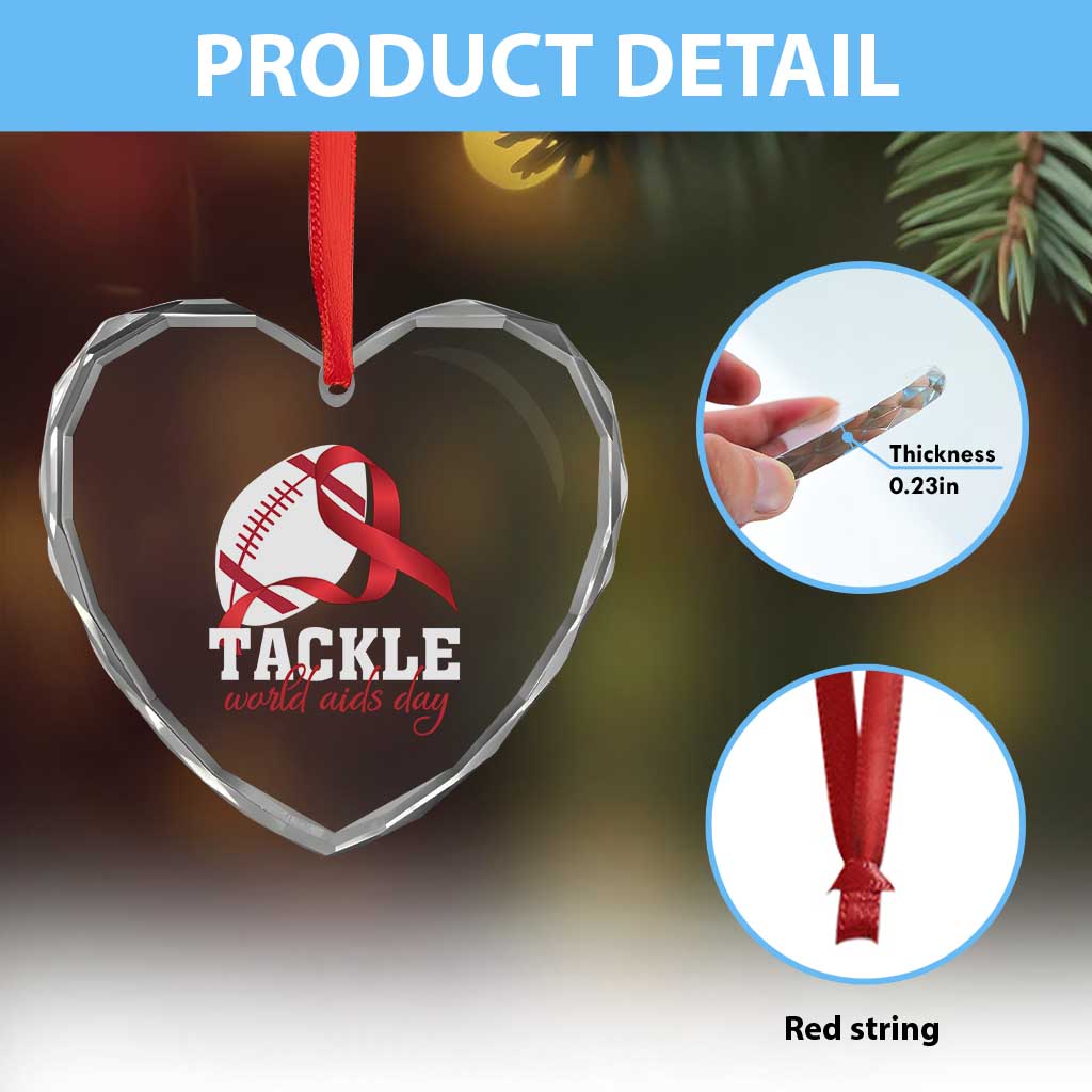 Tackle World AIDS Day Heart Crystal Glass Ornament Red Ribbon Football Awareness Gift - Wonder Print Shop
