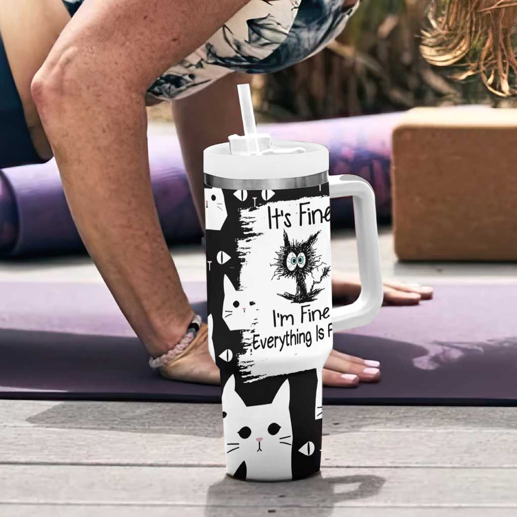 Funny Black Cat Tumbler With Handle It's Fine I'm Fine Everything Is Fine Burnt Cat Meme - Wonder Print Shop