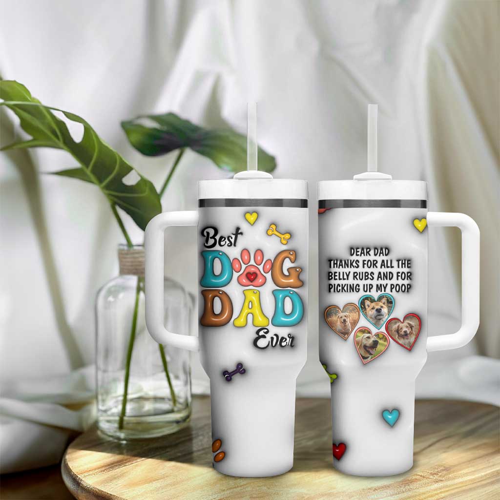 Personalized Dog Dad 3D Inflated Effect Printed Tumbler With Handle Custom Dogs Photo Best Dog Dad Ever Thanks For Belly Rubs And Picking Up My Poop - Wonder Print Shop