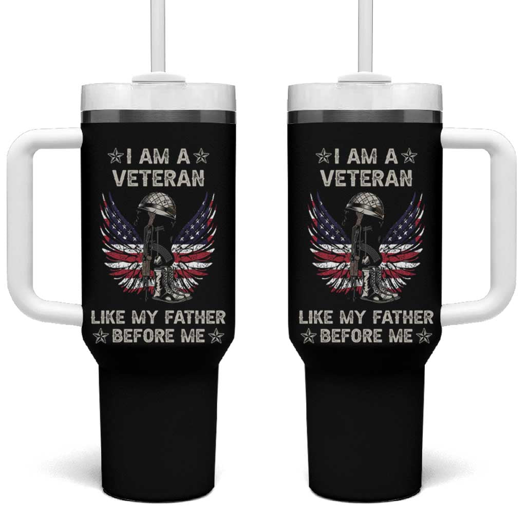 American Veteran Tumbler With Handle Like My Father Before Me Us Flag Angel Wings Combat Boots And Dog Tag - Wonder Print Shop