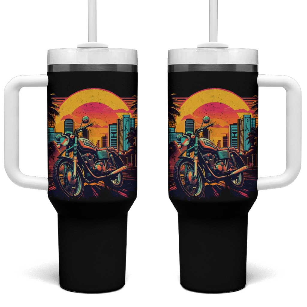 Retro Sunset Urban City Graphic Motorcycle Tumbler With Handle Motorcyclist Gift Biker Rider For Dad Husband Boyfriend Uncle