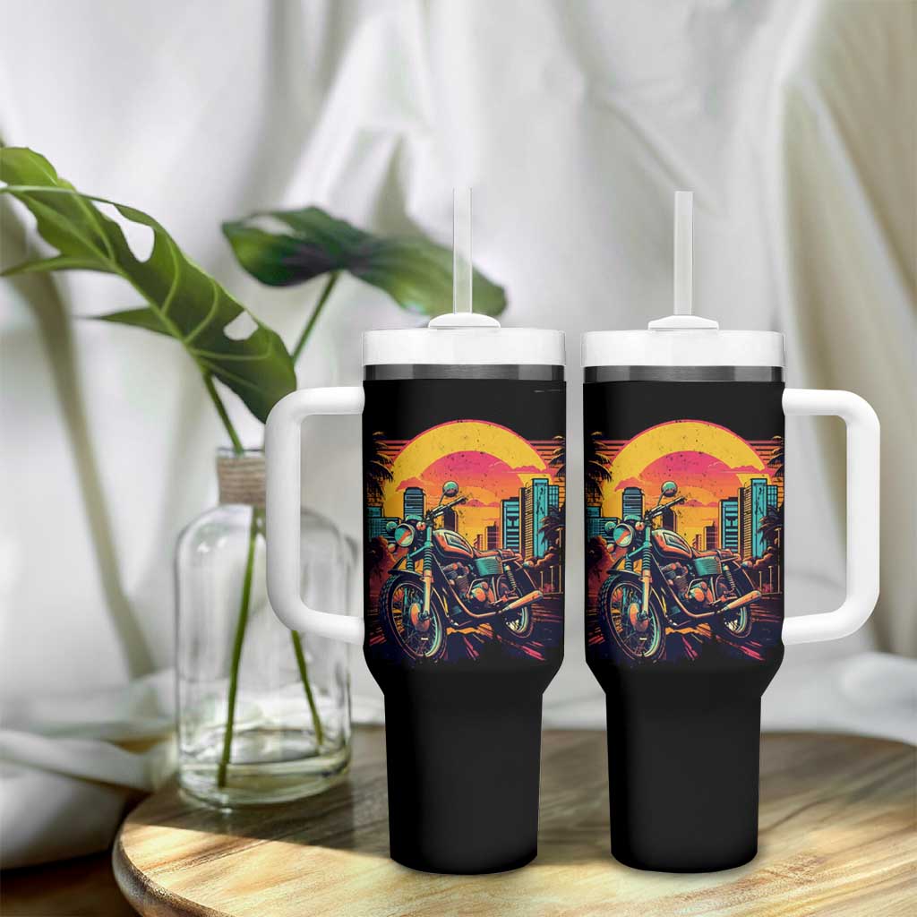 Retro Sunset Urban City Graphic Motorcycle Tumbler With Handle Motorcyclist Gift Biker Rider For Dad Husband Boyfriend Uncle