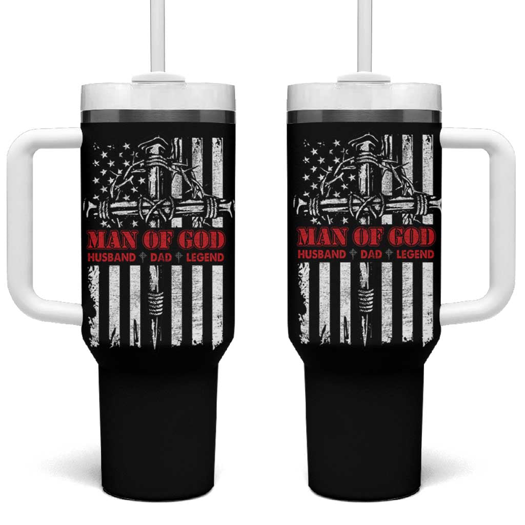 Blessed Dad Tumbler With Handle Man Of God Husband Dad Legend American Flag Christian Cross - Wonder Print Shop