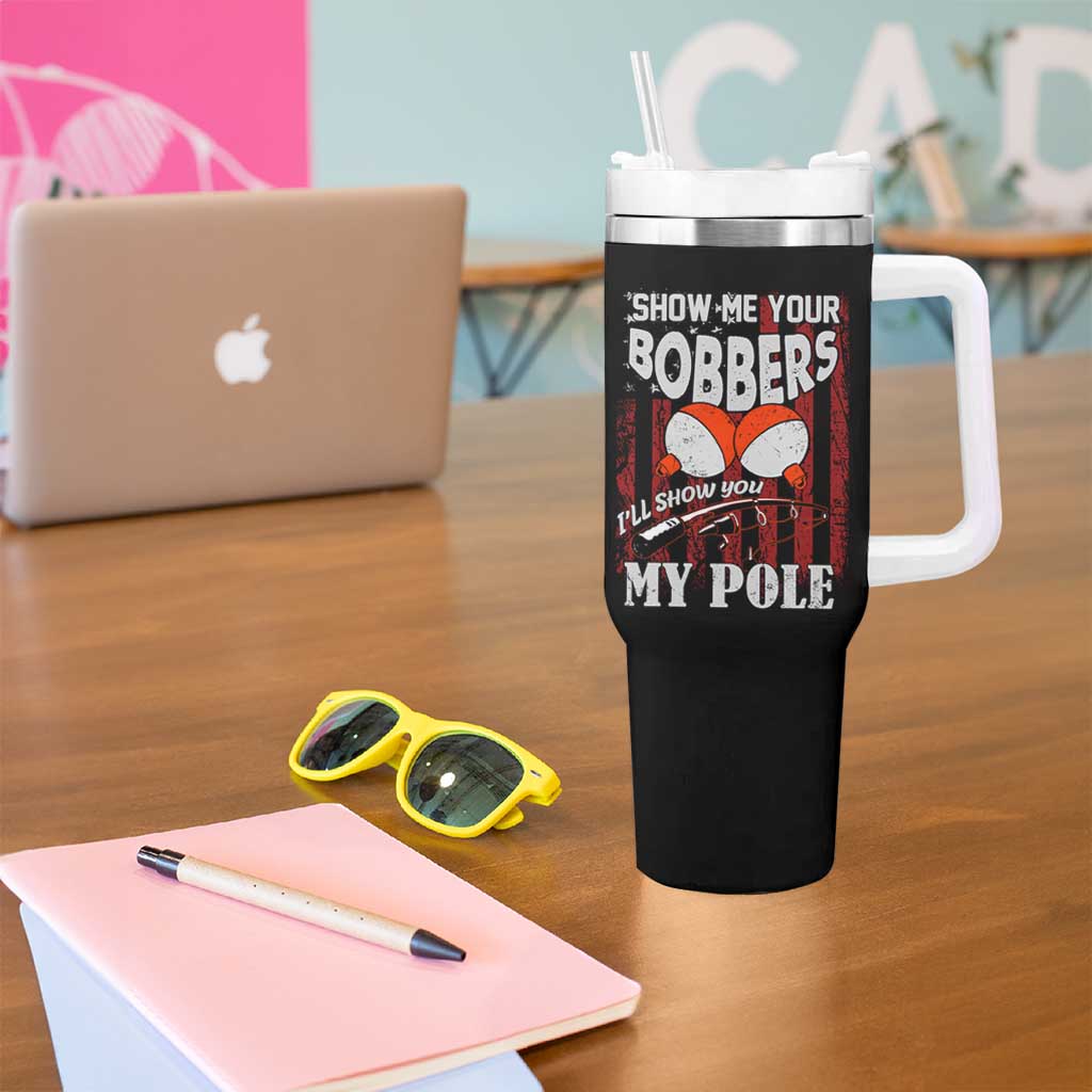 Funny Fishing Tumbler With Handle Show Me Your Bobbers I'll Show You My Pole Retro US Flag - Wonder Print Shop