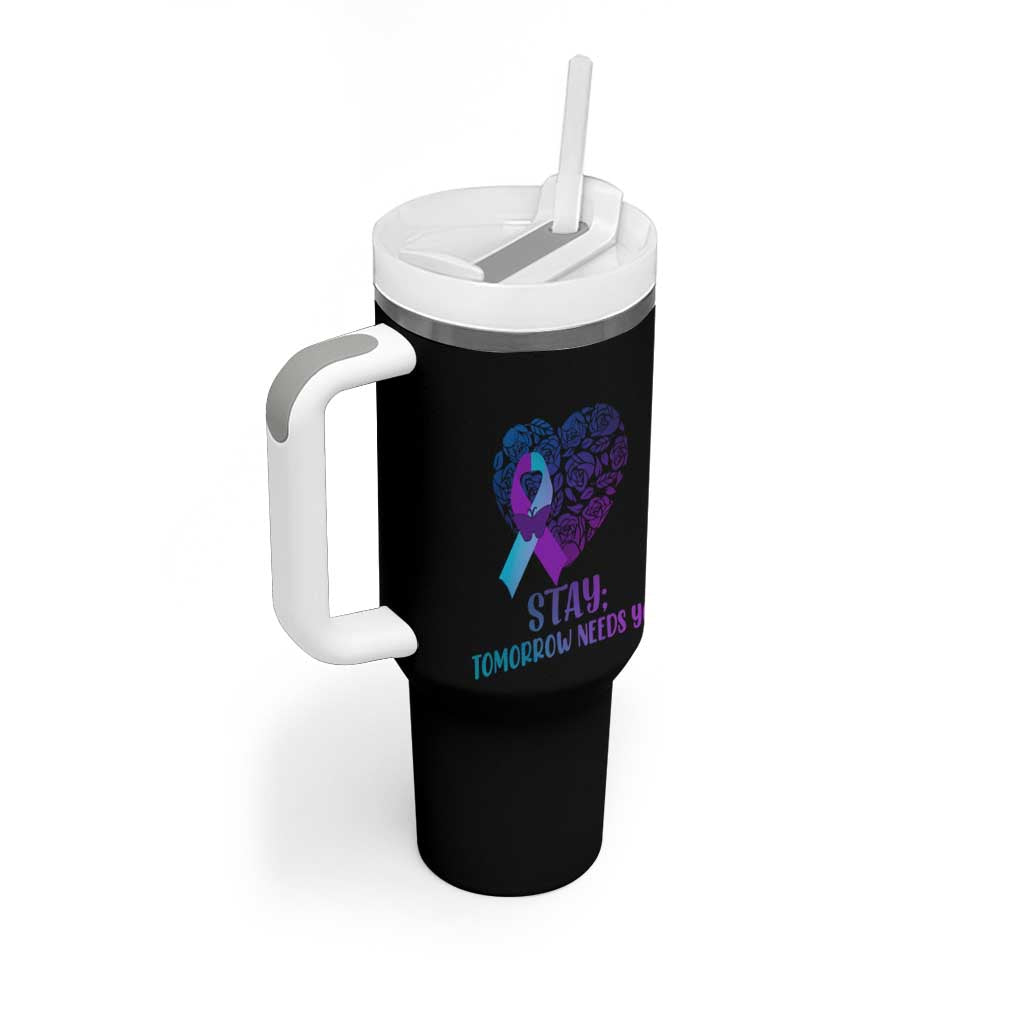 Suicide Prevention Awareness Tumbler With Handle Teal Purple Heart Stay Tomorrow Needs You - Wonder Print Shop