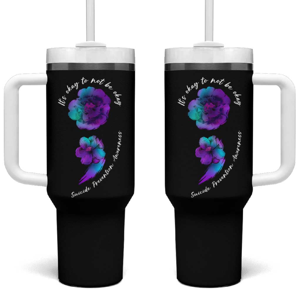 Suicide Prevention Awareness Tumbler With Handle Teal Purple Floral Semicolon It's Ok To Not Be Ok - Wonder Print Shop