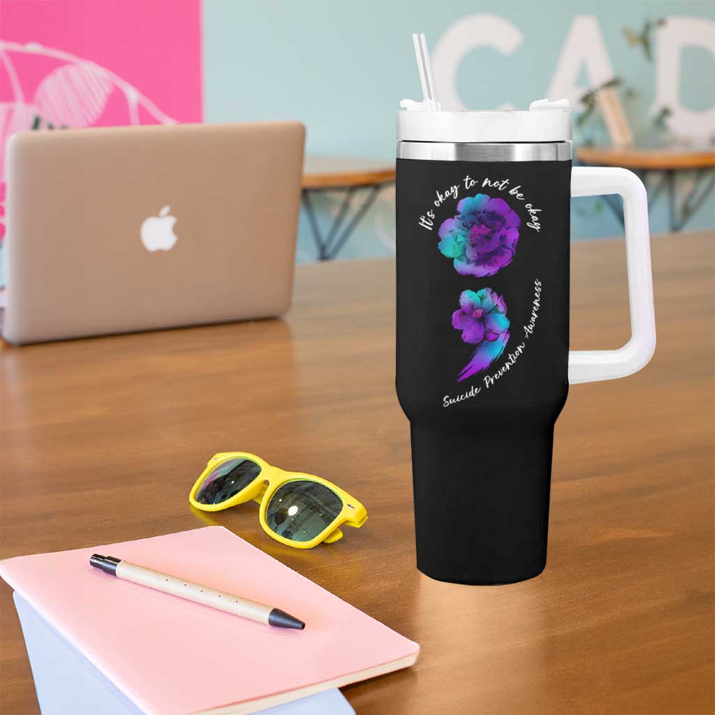 Suicide Prevention Awareness Tumbler With Handle Teal Purple Floral Semicolon It's Ok To Not Be Ok - Wonder Print Shop