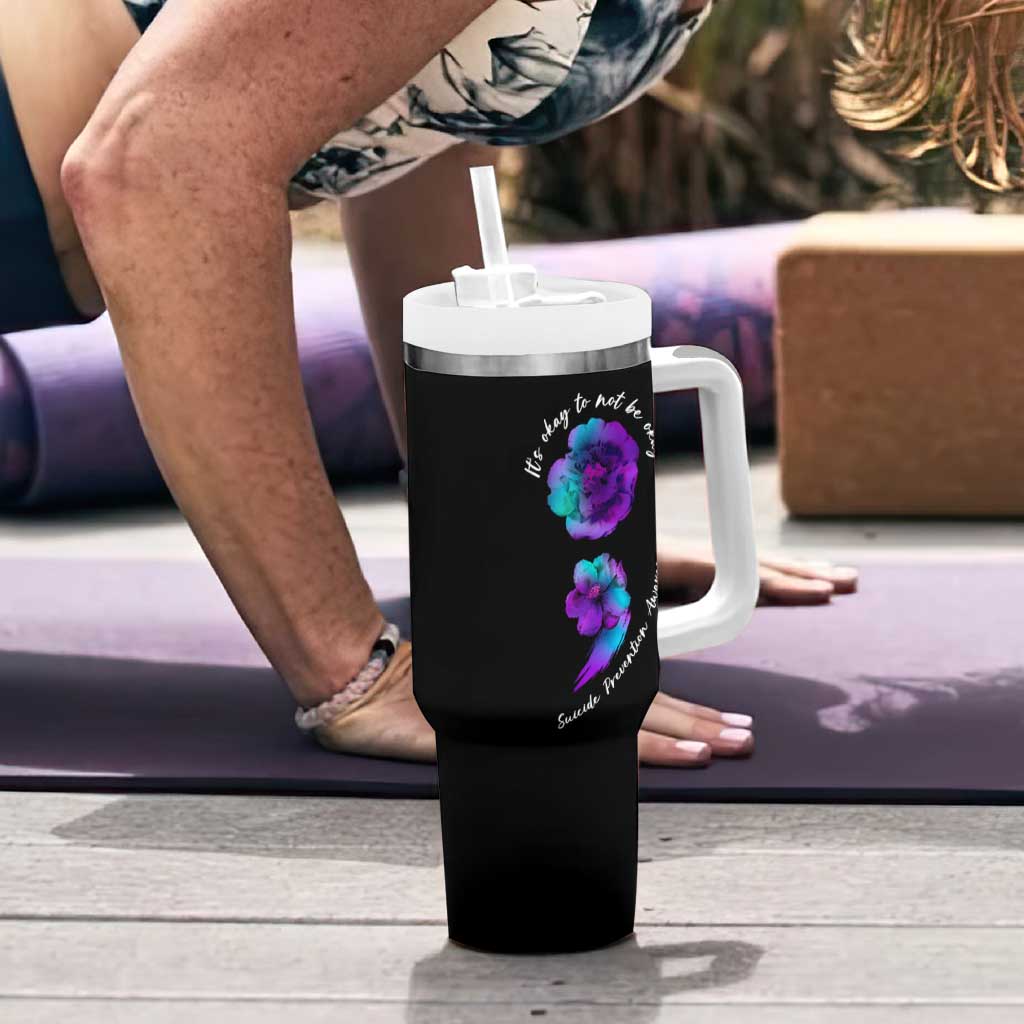 Suicide Prevention Awareness Tumbler With Handle Teal Purple Floral Semicolon It's Ok To Not Be Ok - Wonder Print Shop