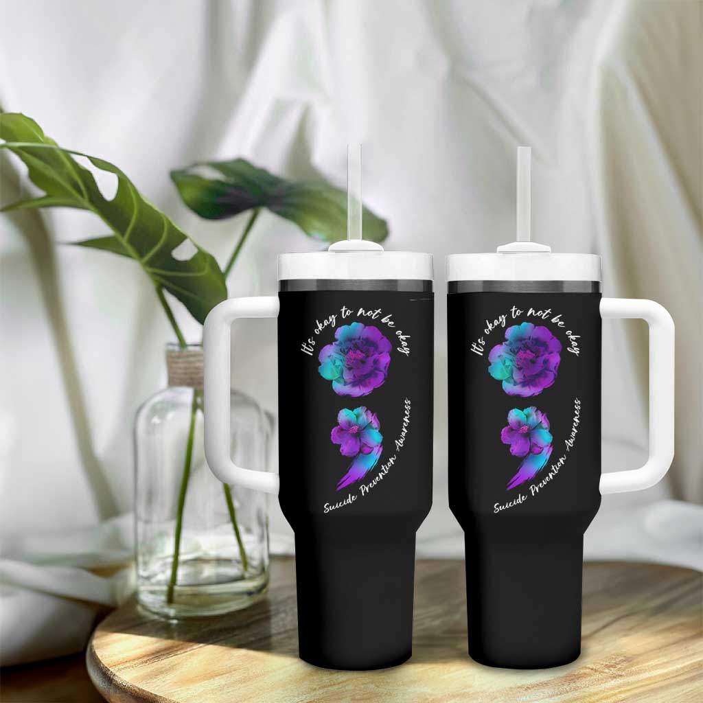 Suicide Prevention Awareness Tumbler With Handle Teal Purple Floral Semicolon It's Ok To Not Be Ok - Wonder Print Shop