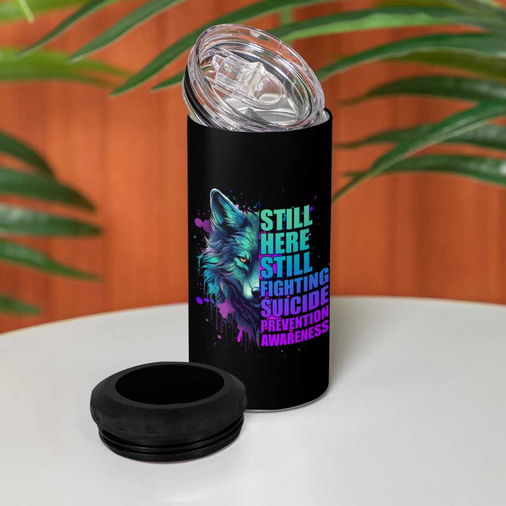 Suicide Prevention Awareness 4 in 1 Can Cooler Tumbler Teal Purple Motivational Wolf Still Here Still Fighting - Wonder Print Shop