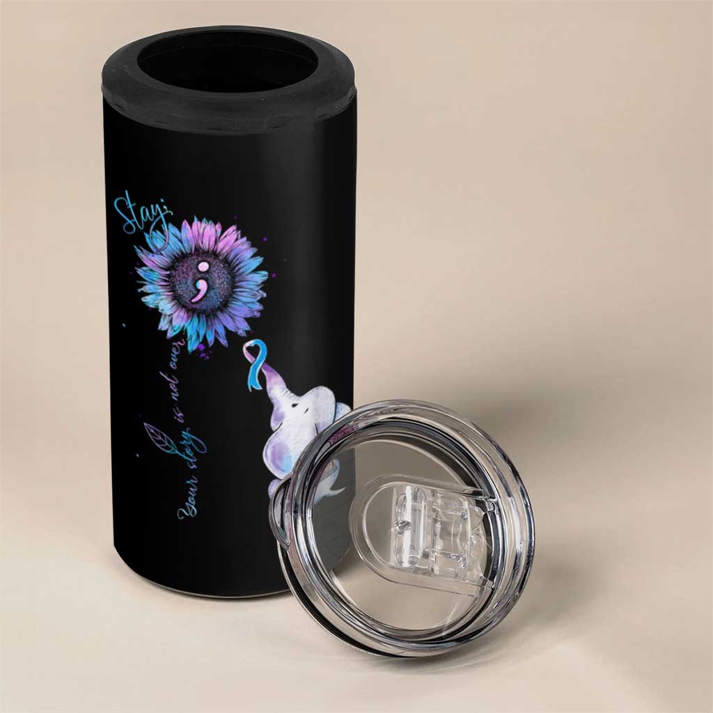 Suicide Prevention Awareness 4 in 1 Can Cooler Tumbler Teal Purple Elephant Sunflower Stay Your Story Is Not Over - Wonder Print Shop