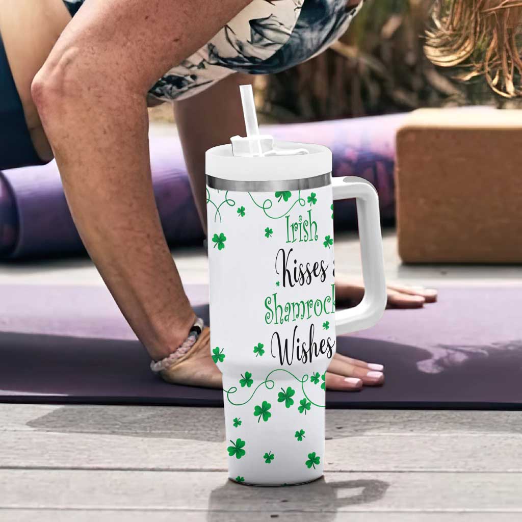 Irish Kisses and Shamrock Wishes Tumbler With Handle Lucky Clover St Patrick's Day