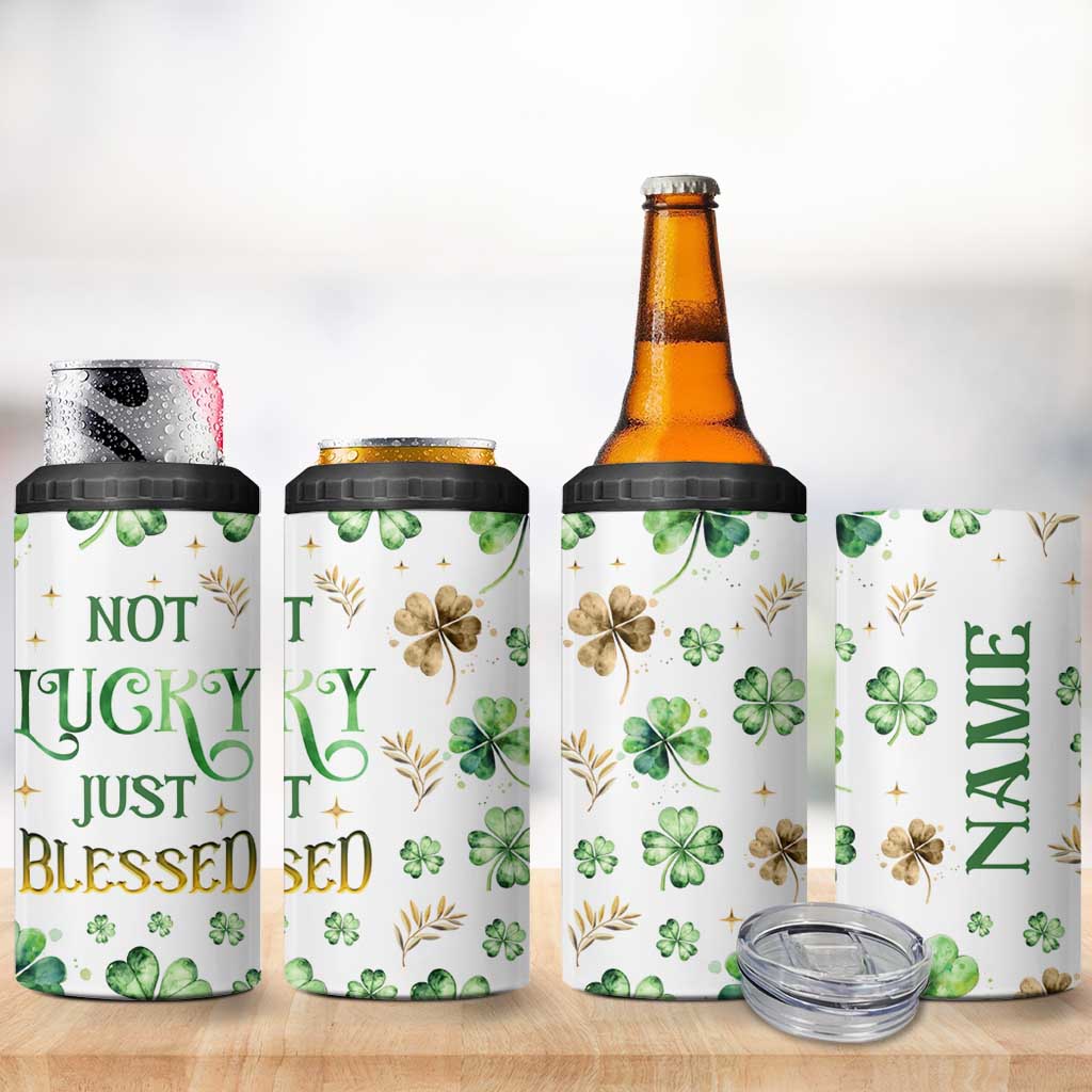 Personalized Irish Green Shamrocks 4 in 1 Can Cooler Tumbler Custom Name Not Lucky Just Blessed