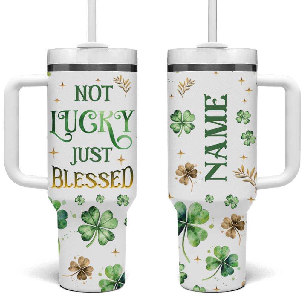 Personalized Irish Green Shamrocks Tumbler With Handle Custom Name Not Lucky Just Blessed