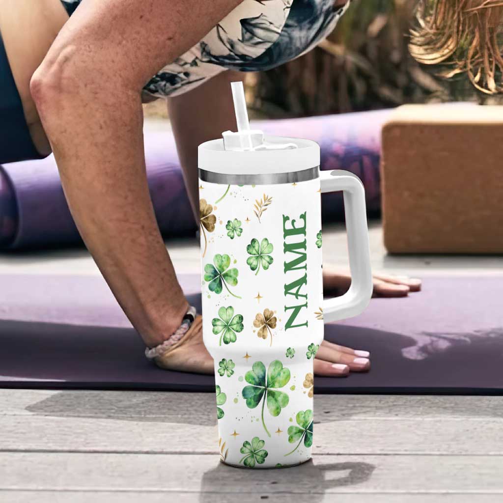 Personalized Irish Green Shamrocks Tumbler With Handle Custom Name Not Lucky Just Blessed