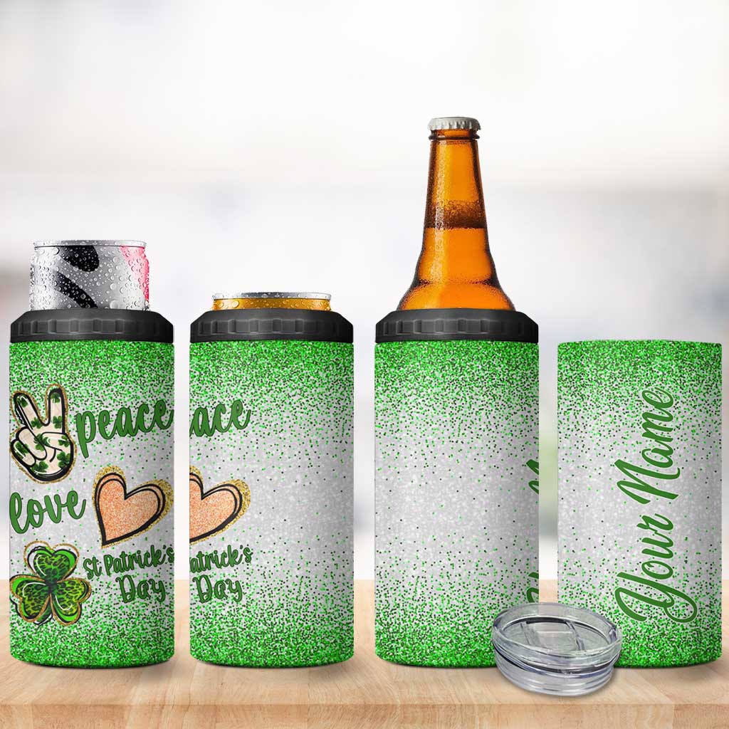 Personalized Green Shamrock 4 in 1 Can Cooler Tumbler Custom Name Lucky Irish Peace Love St Patrick's Day