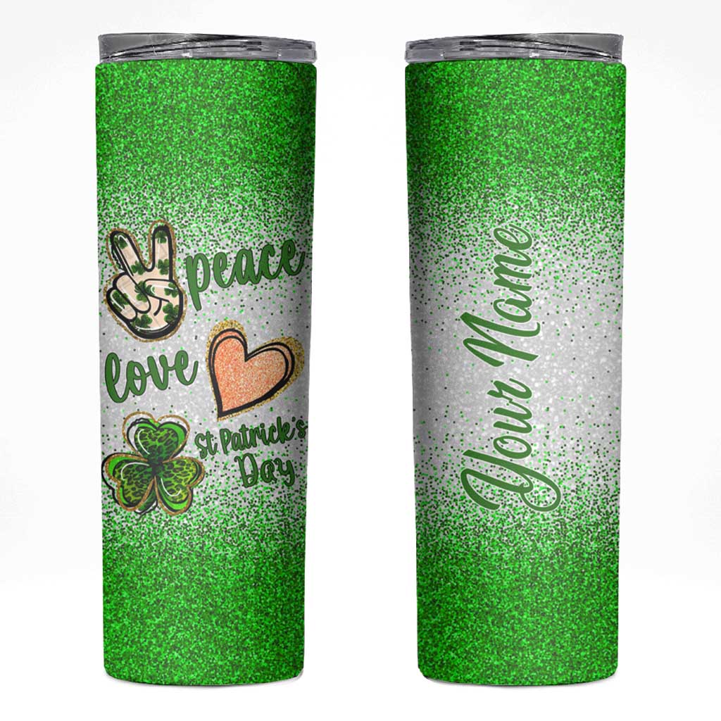 Personalized Green Shamrock Skinny Tumbler Custom Name Lucky Irish Peace Love St Patrick's Day