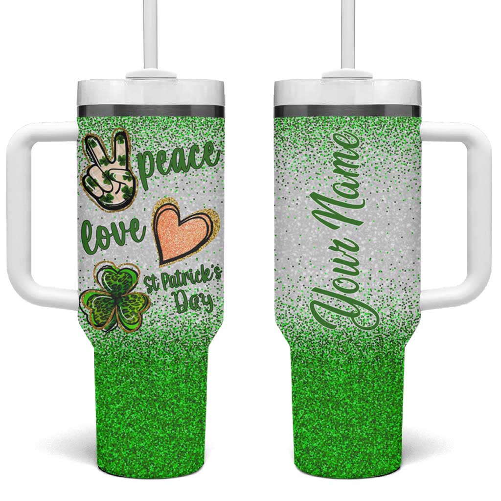 Personalized Green Shamrock Tumbler With Handle Custom Name Lucky Irish Peace Love St Patrick's Day