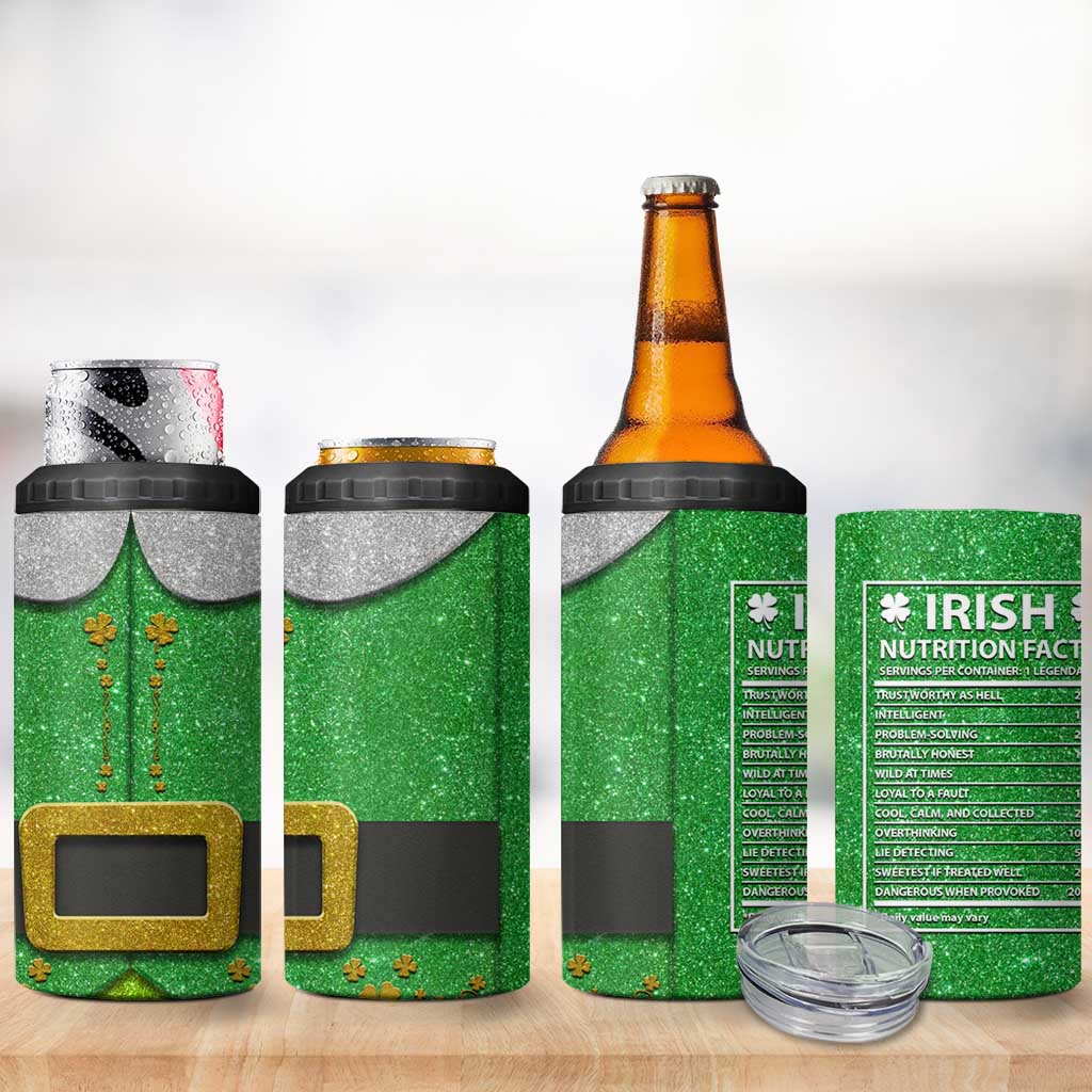 Funny Irish Nutrition Facts 4 in 1 Can Cooler Tumbler Green Leprechaun Costume St Patrick's Day