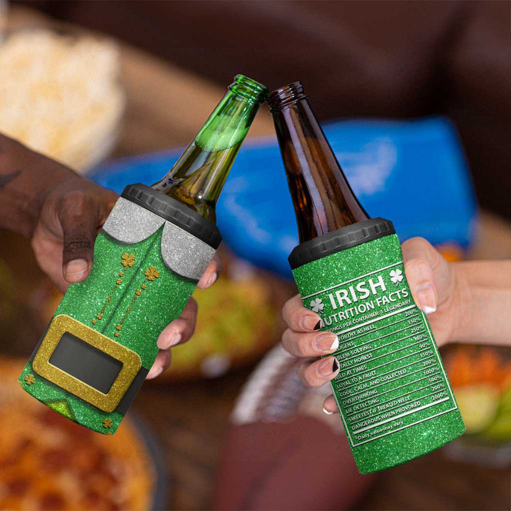 Funny Irish Nutrition Facts 4 in 1 Can Cooler Tumbler Green Leprechaun Costume St Patrick's Day