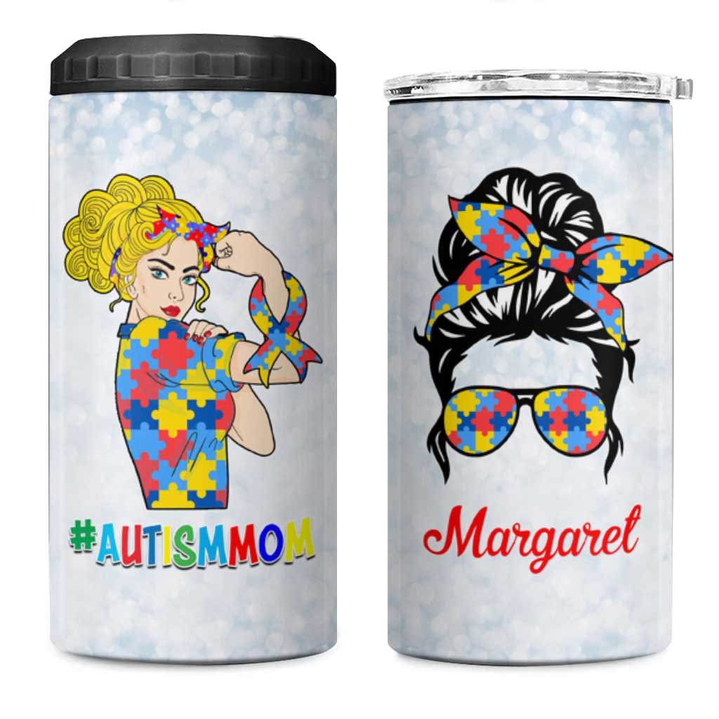Personalized Autism Mom 4 in 1 Can Cooler Tumbler Strong and Proud Puzzle Pieces Messy Bun