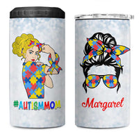 Personalized Autism Mom 4 in 1 Can Cooler Tumbler Strong and Proud Puzzle Pieces Messy Bun