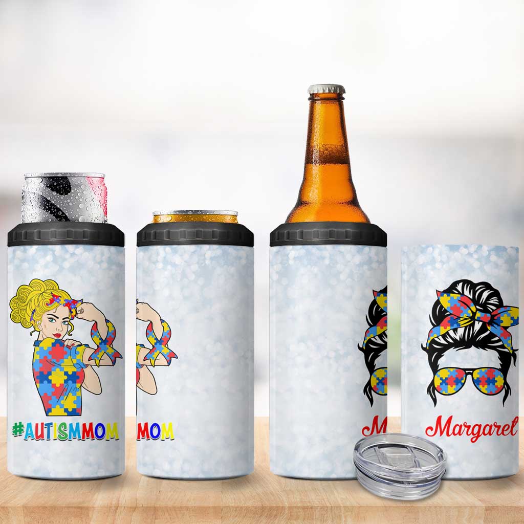 Personalized Autism Mom 4 in 1 Can Cooler Tumbler Strong and Proud Puzzle Pieces Messy Bun