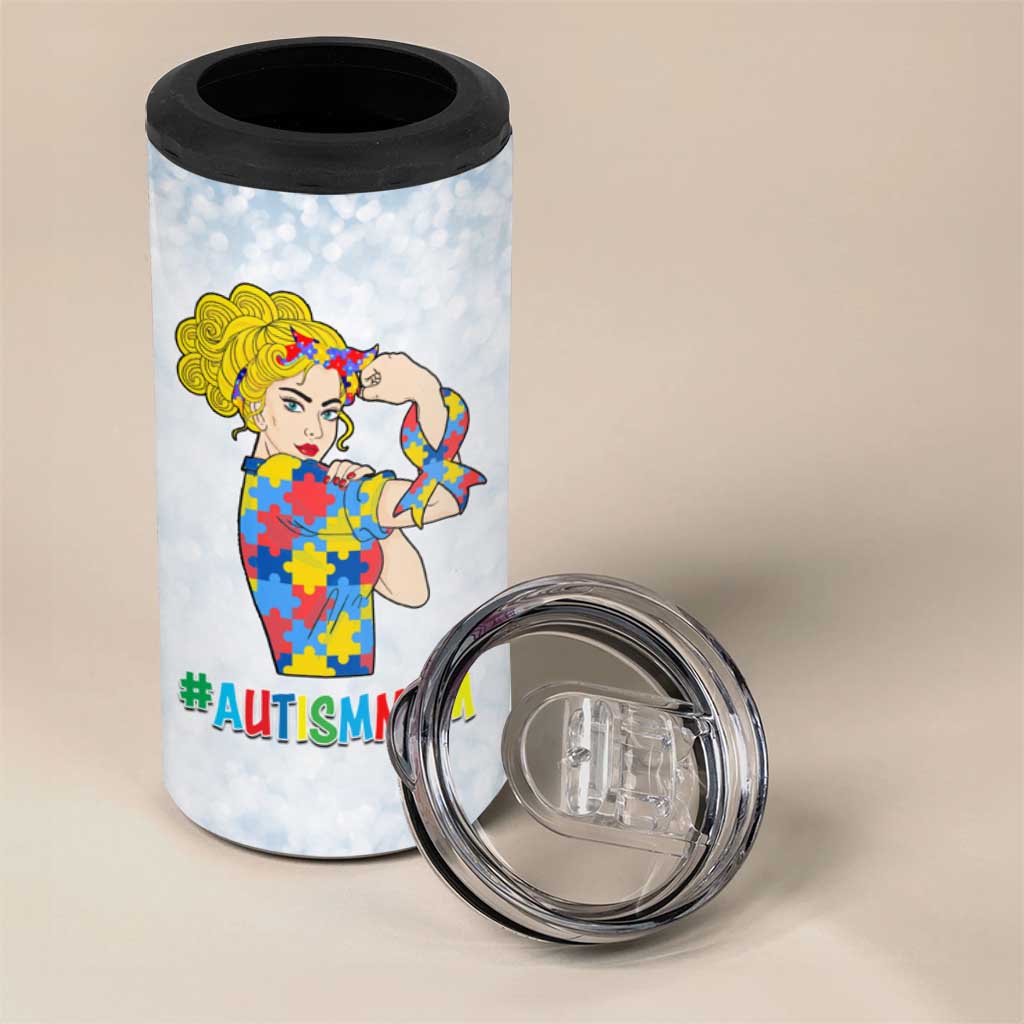 Personalized Autism Mom 4 in 1 Can Cooler Tumbler Strong and Proud Puzzle Pieces Messy Bun