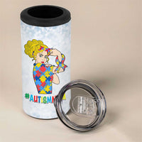 Personalized Autism Mom 4 in 1 Can Cooler Tumbler Strong and Proud Puzzle Pieces Messy Bun