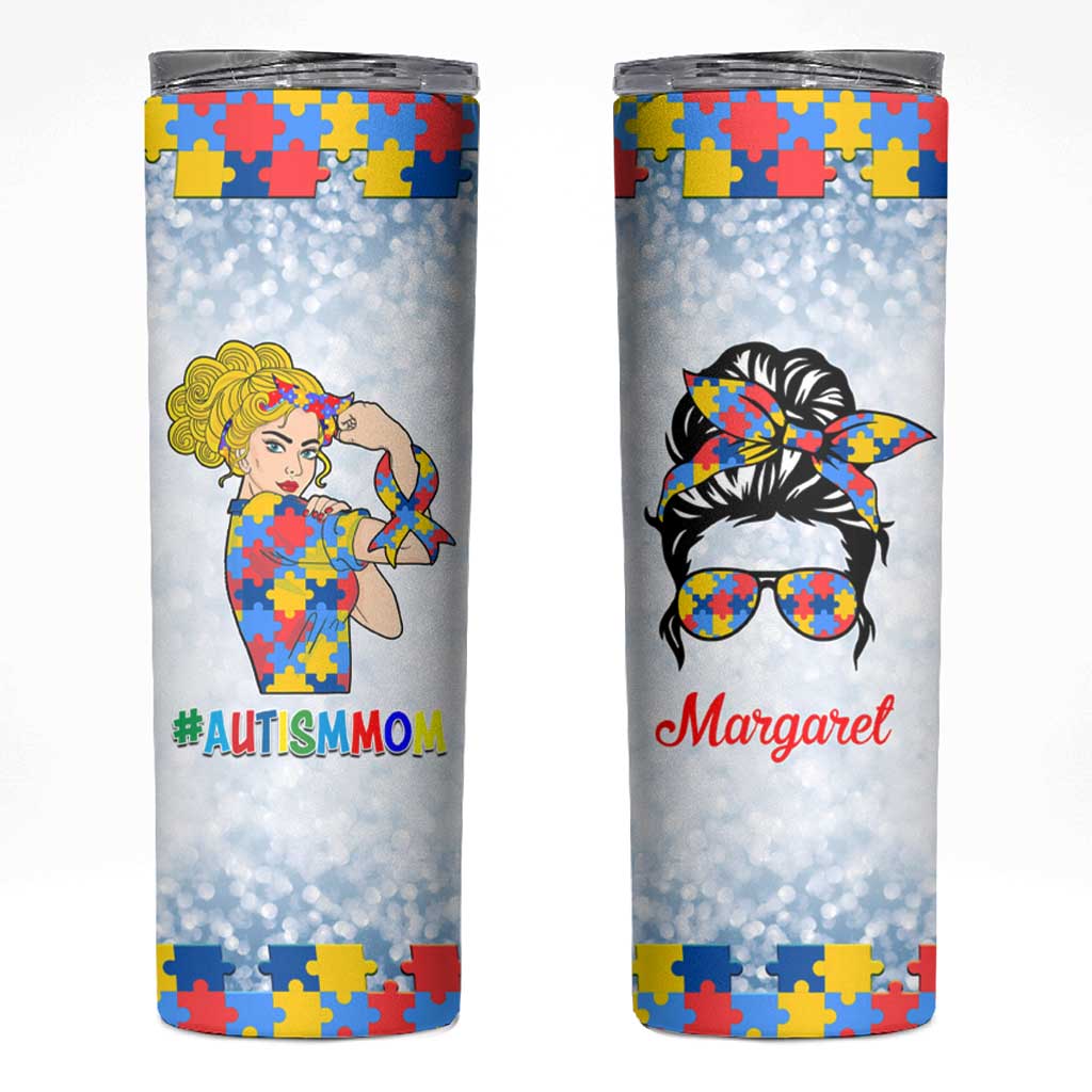 Personalized Autism Mom Skinny Tumbler Strong and Proud Puzzle Pieces Messy Bun
