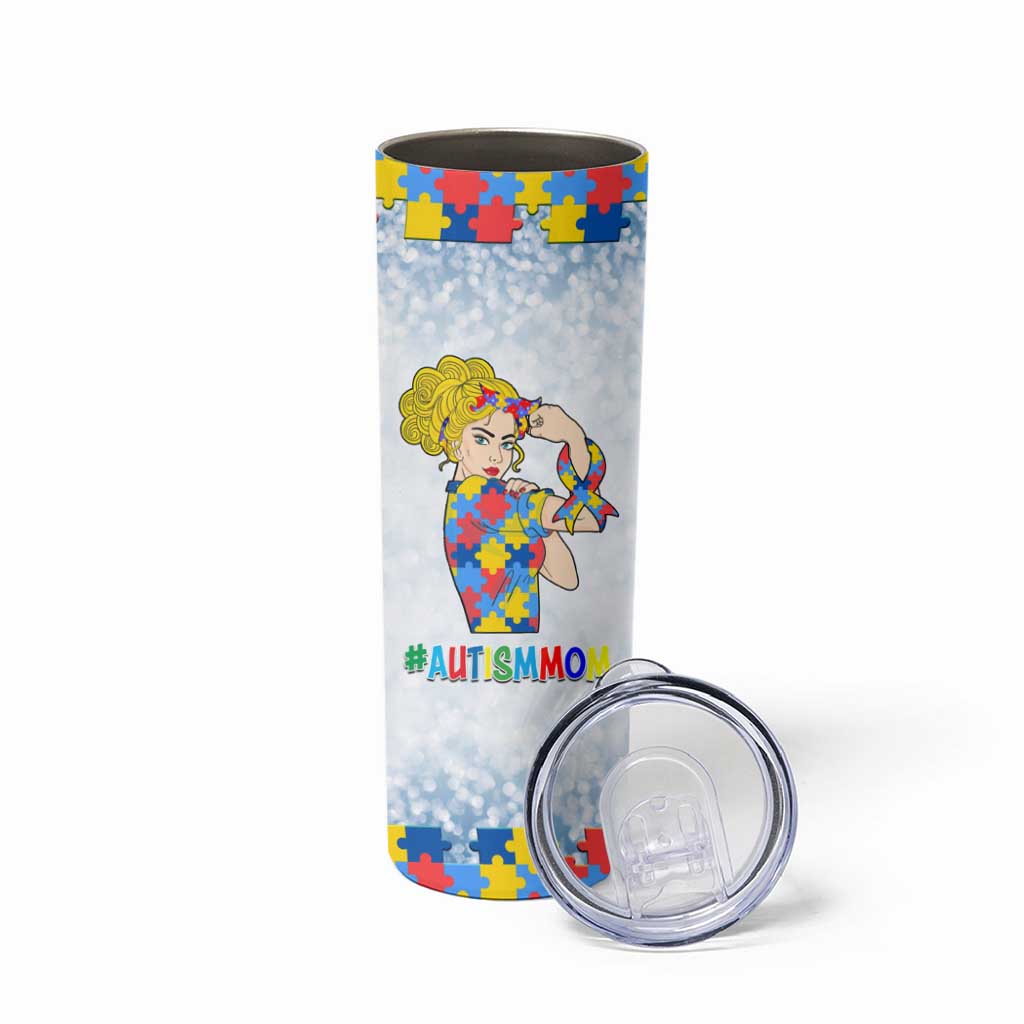 Personalized Autism Mom Skinny Tumbler Strong and Proud Puzzle Pieces Messy Bun