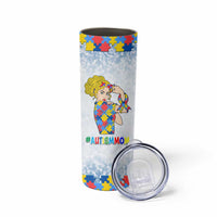 Personalized Autism Mom Skinny Tumbler Strong and Proud Puzzle Pieces Messy Bun