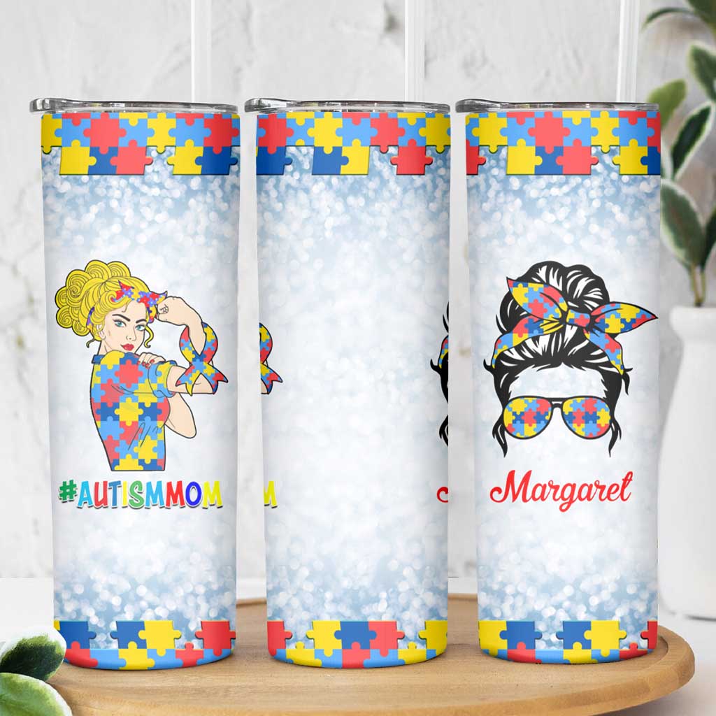 Personalized Autism Mom Skinny Tumbler Strong and Proud Puzzle Pieces Messy Bun