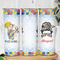 Personalized Autism Mom Skinny Tumbler Strong and Proud Puzzle Pieces Messy Bun