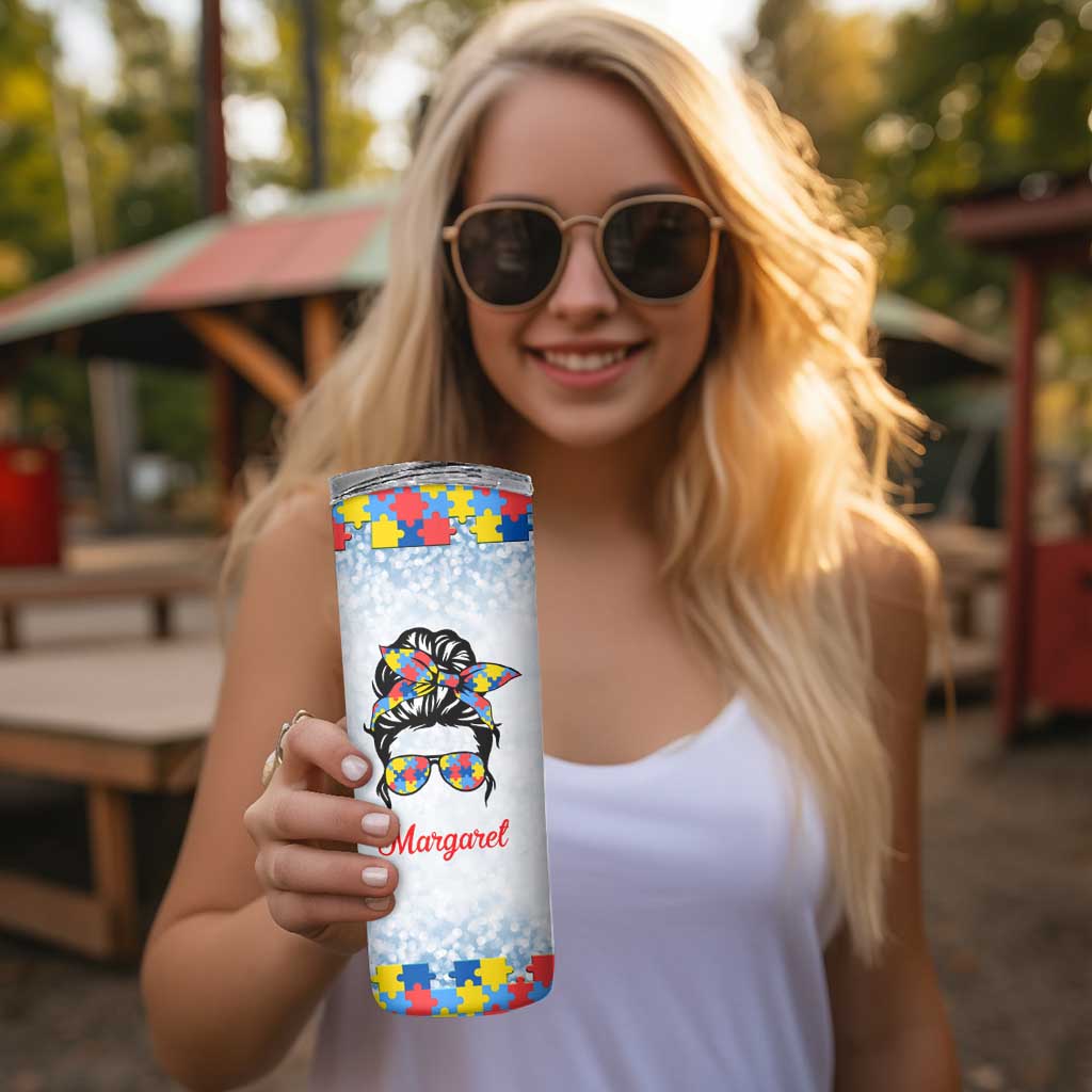 Personalized Autism Mom Skinny Tumbler Strong and Proud Puzzle Pieces Messy Bun