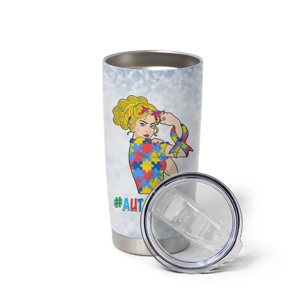 Personalized Autism Mom Tumbler Cup Strong and Proud Puzzle Pieces Messy Bun