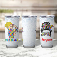 Personalized Autism Mom Tumbler Cup Strong and Proud Puzzle Pieces Messy Bun