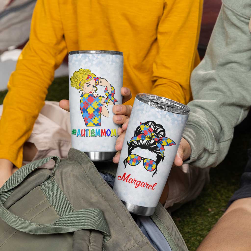 Personalized Autism Mom Tumbler Cup Strong and Proud Puzzle Pieces Messy Bun