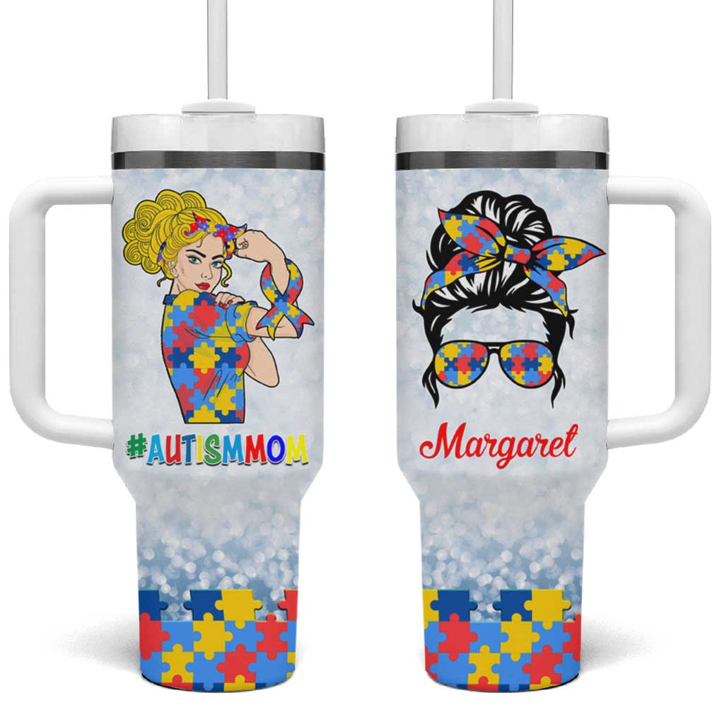Personalized Autism Mom Tumbler With Handle Strong and Proud Puzzle Pieces Messy Bun