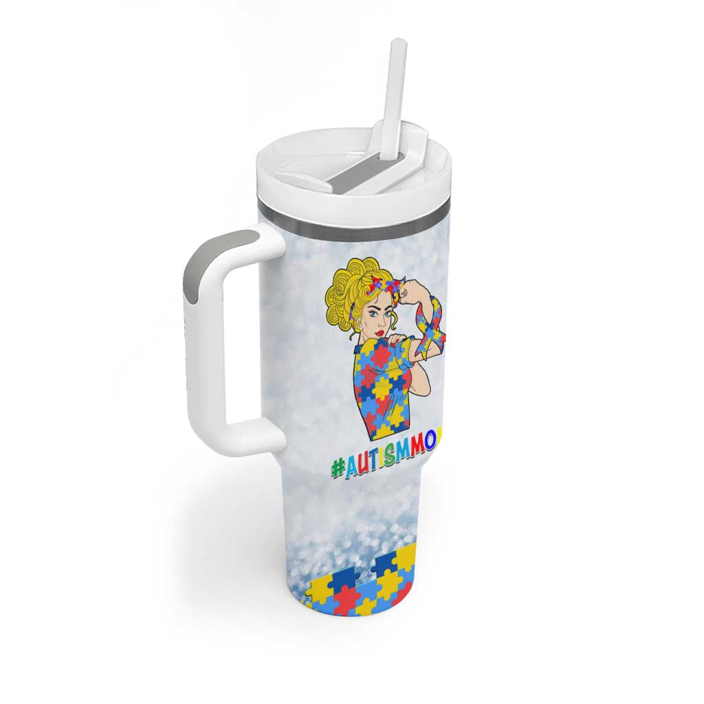 Personalized Autism Mom Tumbler With Handle Strong and Proud Puzzle Pieces Messy Bun