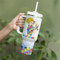 Personalized Autism Mom Tumbler With Handle Strong and Proud Puzzle Pieces Messy Bun