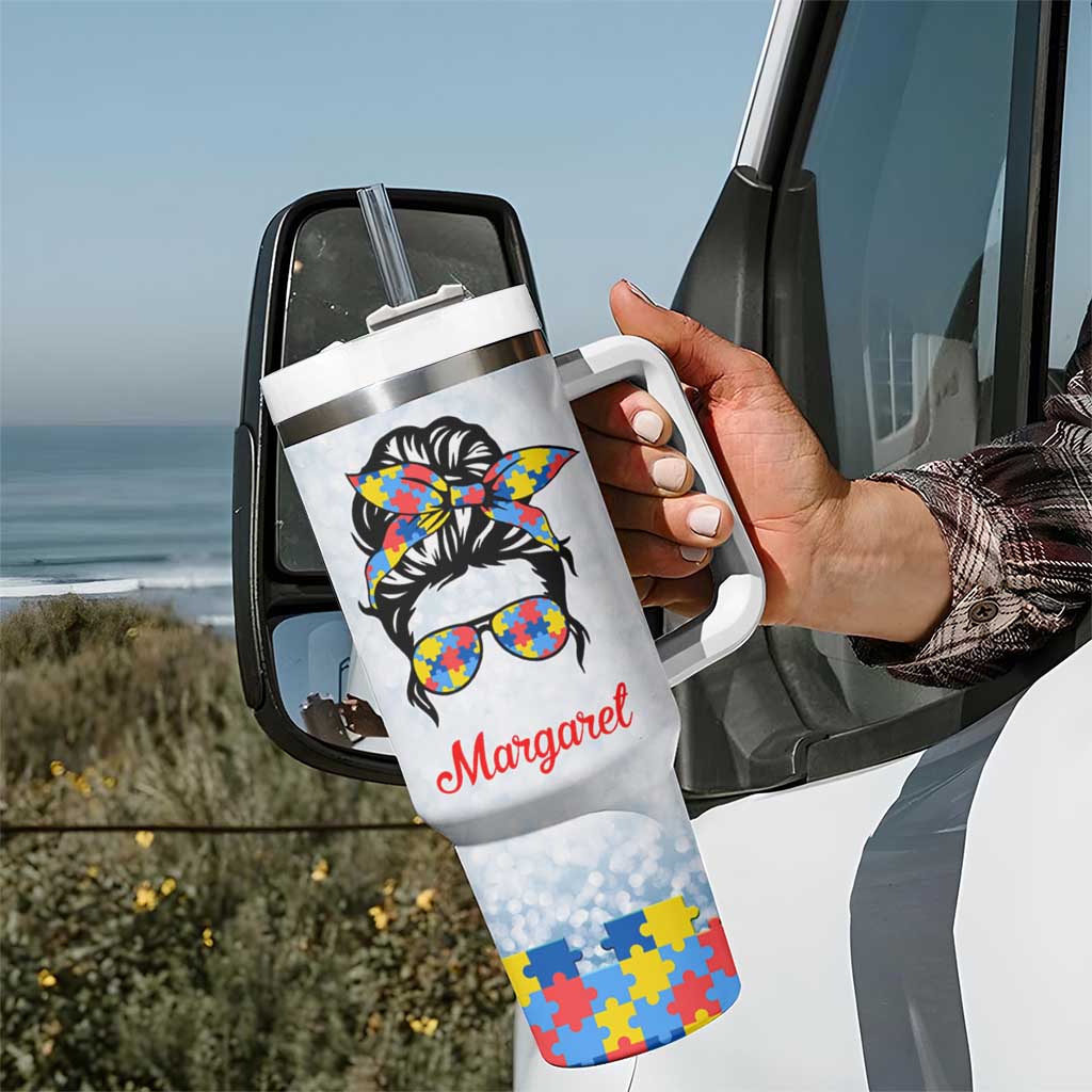 Personalized Autism Mom Tumbler With Handle Strong and Proud Puzzle Pieces Messy Bun